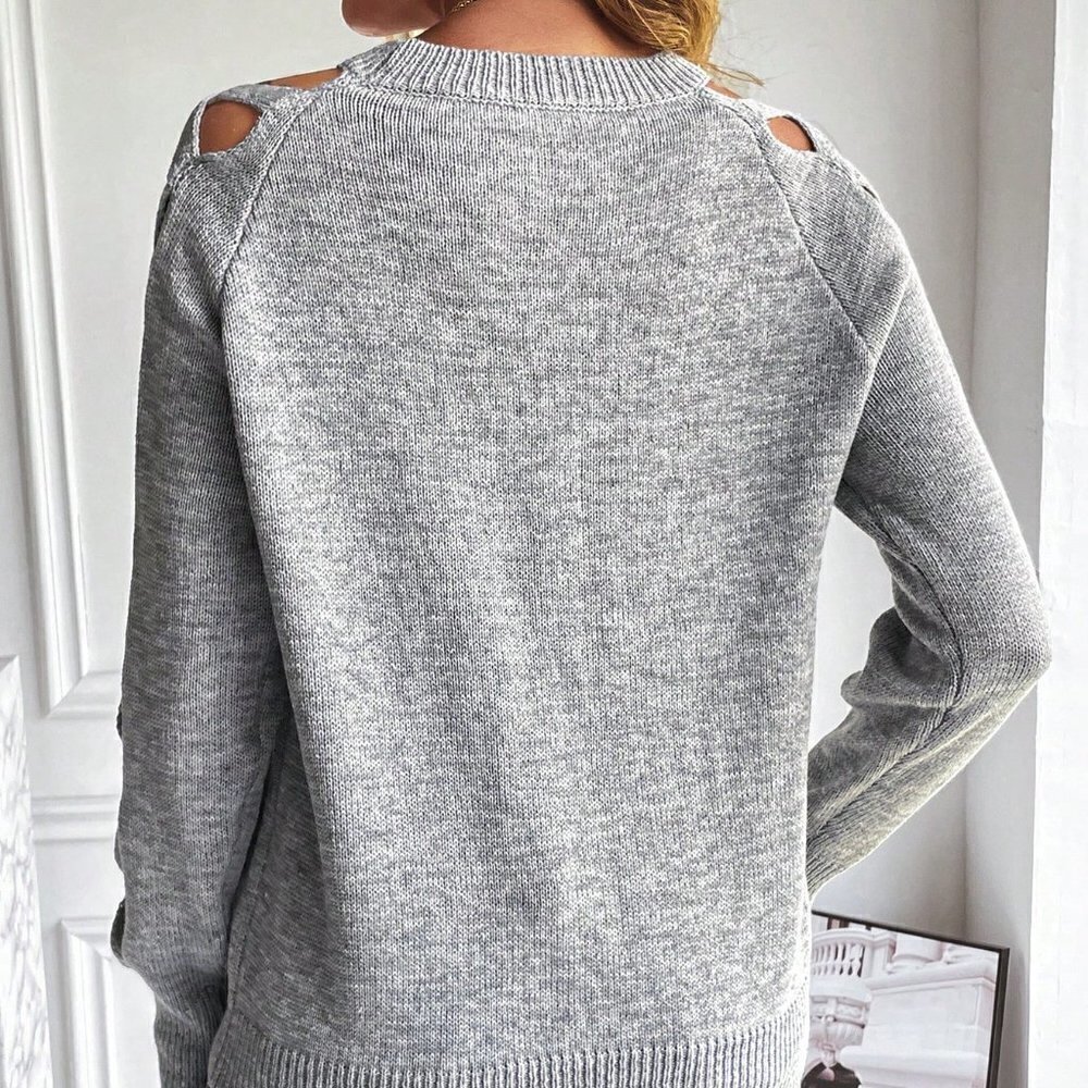 Grey Casual Womens Cut Out Raglan Sleeve Crisscross Sweater - Picture 2 of 5